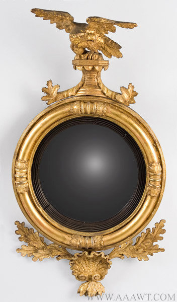 Mirror, Convex, Carved, Full Bodied Eagle, Gilded and Painted Wood and Gesso
America or England, Circa 1800 to 1820, entire view
